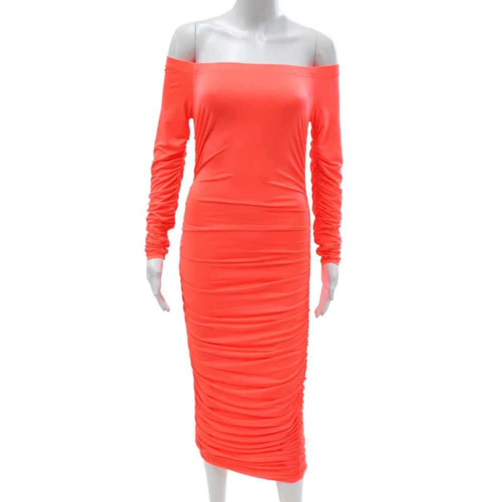 L Agence Womens Bodycon Midi Dress Orange Off Shoulder Long Sleeve Size S